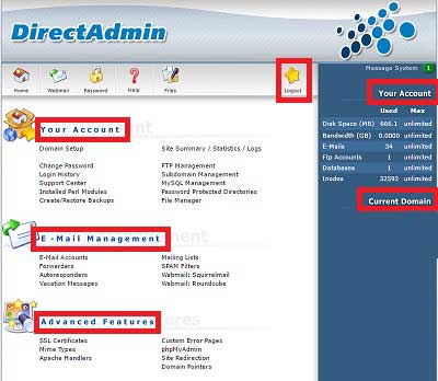 Different features of DirectAdmin