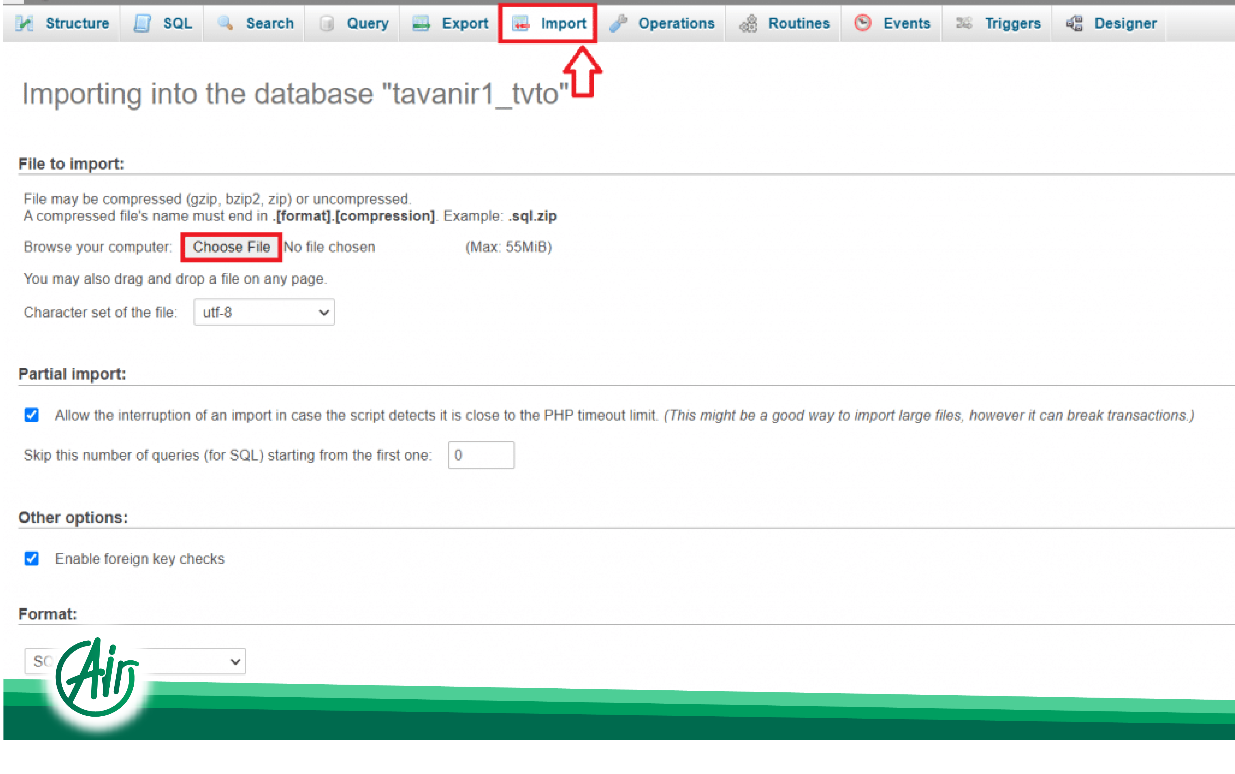 MySQL database restoration using the Backup option in cPanel, highlighting the upload button.