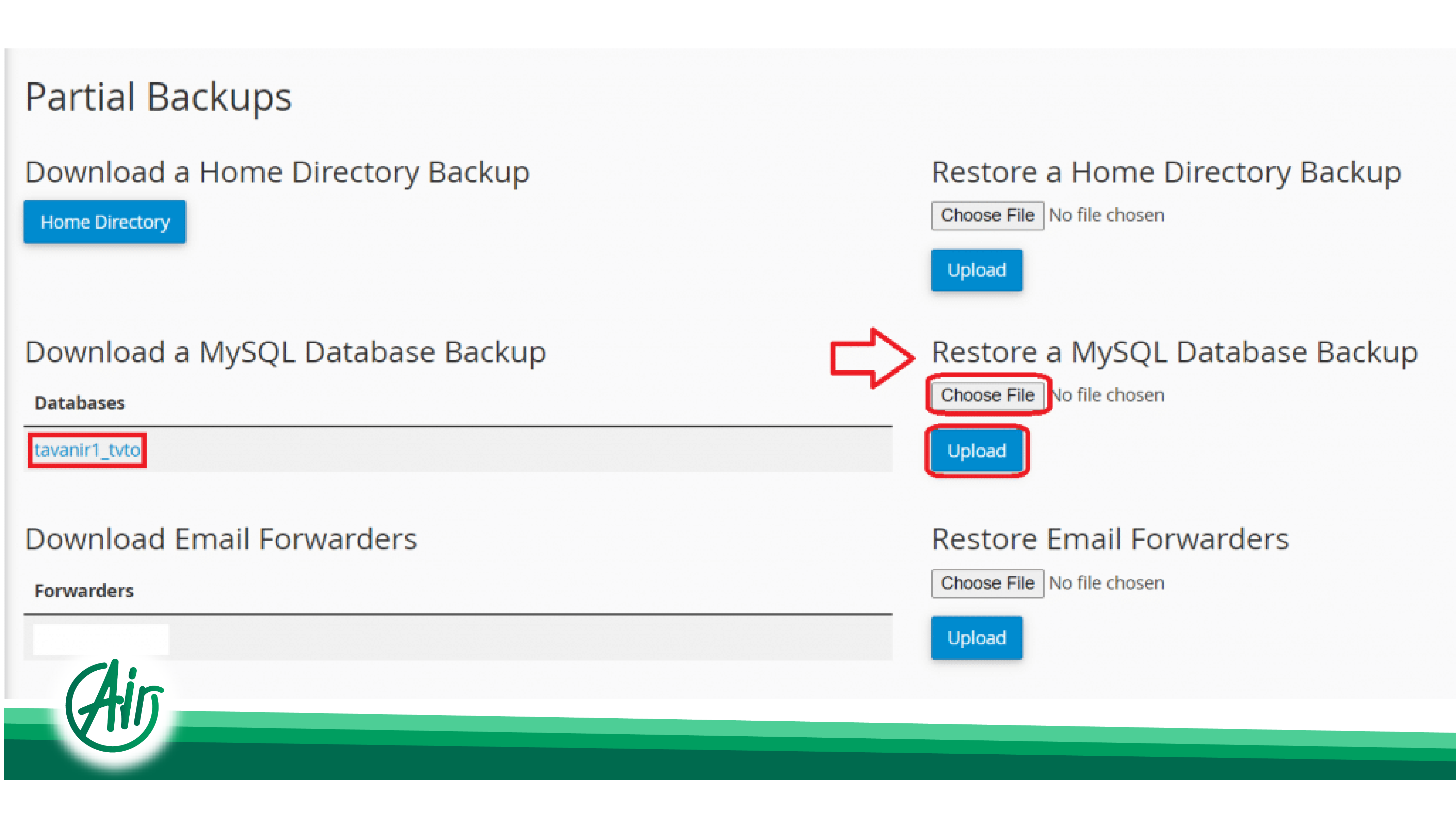 phpMyAdmin import section showing how to upload and restore a MySQL database backup.